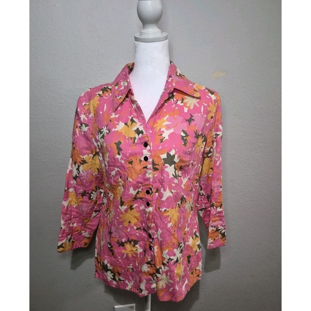 Sigrid Olsen Floral 100% Linen Pink Button Down Shirt Coastal Preppy Cruise Arts